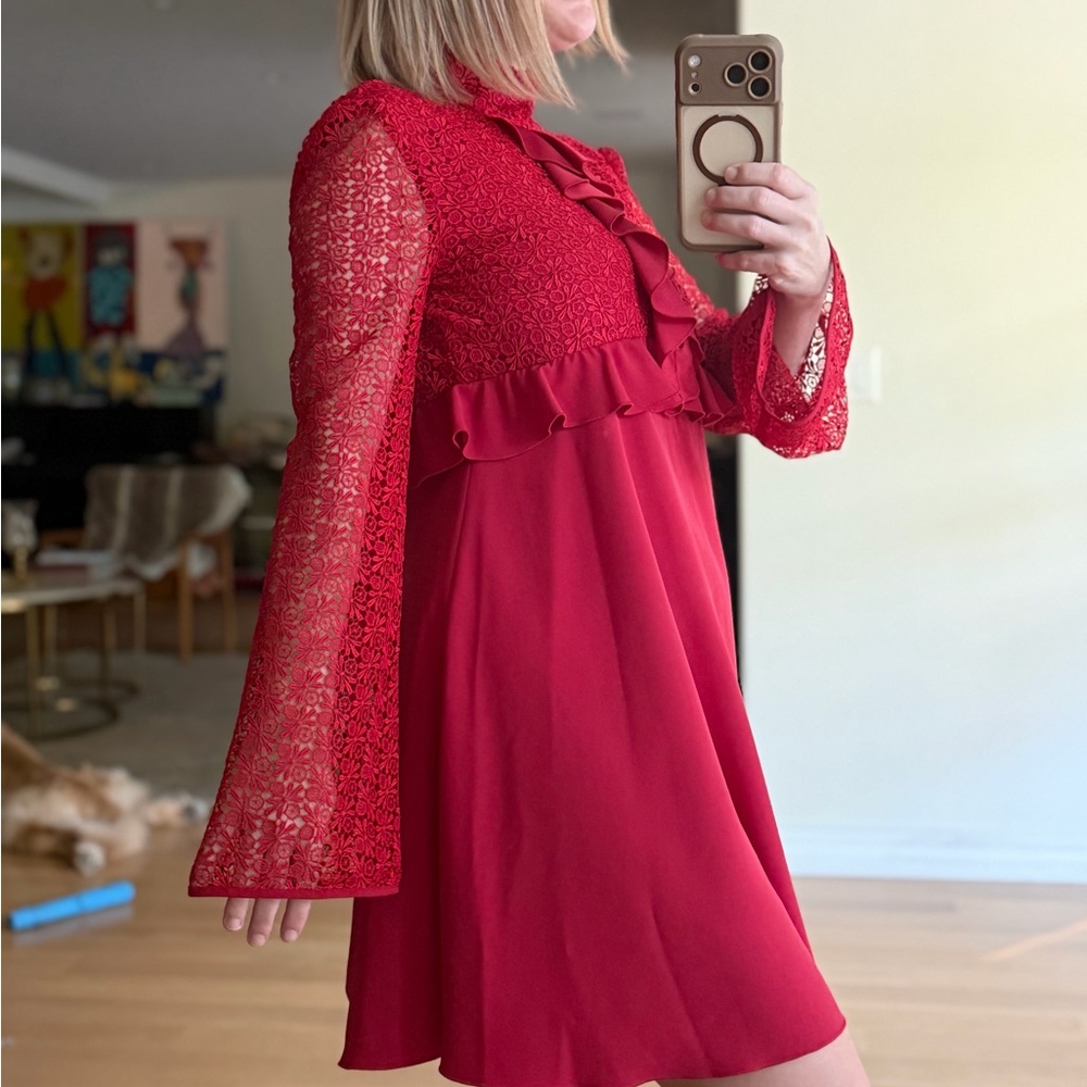NWT Giambattista Valli Giamba Paris Red Lace Midi Dress Size 6 Ruffle Luxury WOW - Picture 2 of 16